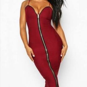 Burgundy body con midi dress with zipper detail